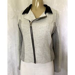 Beach Bunny Lounge Moto Jacket Knit Gray Faux Leather Trim Asymmetric Zi…